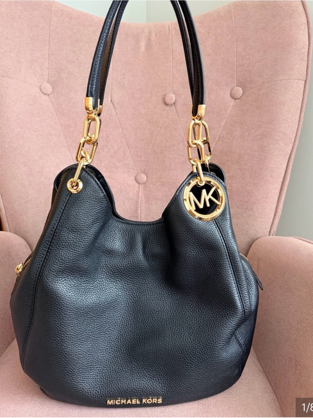 Michael Kors Black Pebbled Leather Shoulder Hobo with Gold MK Charm